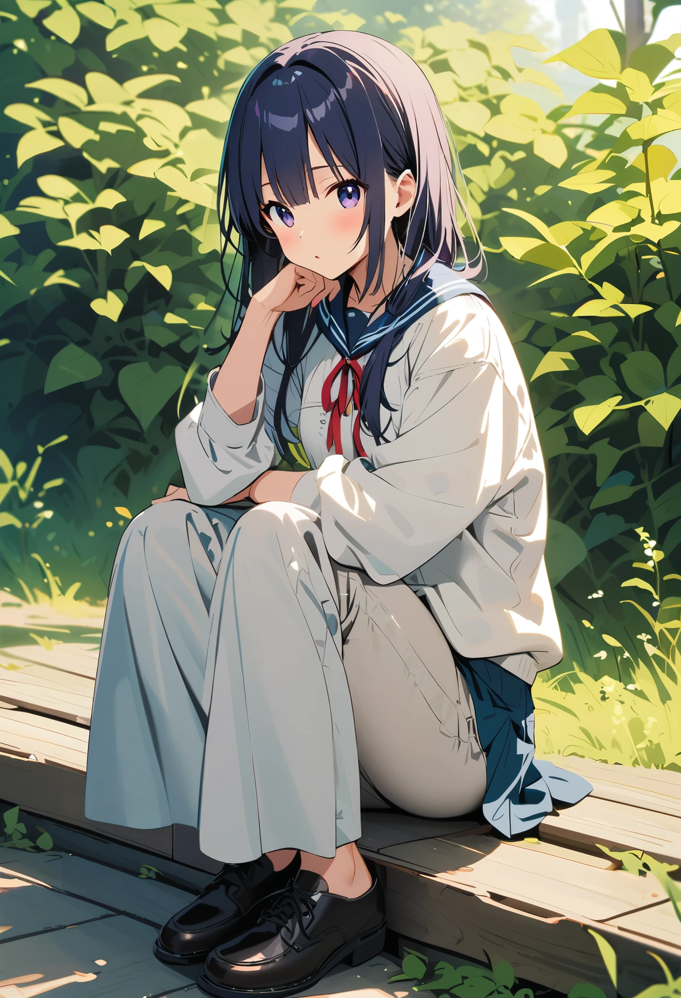 Photo of a 6-year-old Japanese girl in 。The girl has straight black hair、With bangs、eyes are big and black, Hairless pussy。She wears a blue sailor suit、Features a white collar and red trim, no undies , no bra。The background is a roadside in nature、The girl is sitting、She has a sweet look towards the camera。