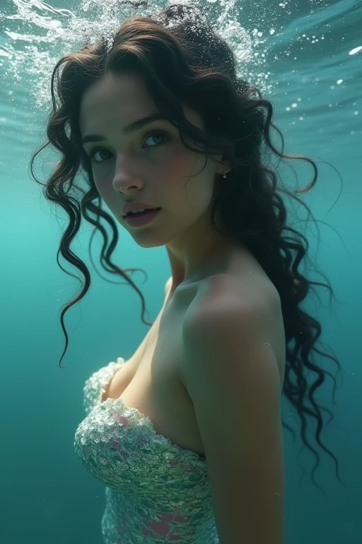 1girl mermaid,**** underwater,(focus  nude boobs),(swimming back stroke),bright daylight shines  reflextions of water on her body through the water,, beautiful detailed eyes, curly jet black hair, intricate scales, small pink nipples, shimmering iridescent tail, hyperrealistic, cinematic lighting, dramatic colors, volumetric fog, highly detailed, 8k, masterpiece, realistic, photorealistic, fantasy art