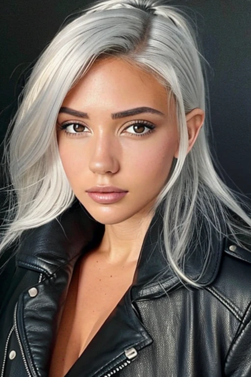 8k portrait of a girl, AlanahPearce, white hair, brown eyes, high ponytail, big natural breasts, 
, ((leather jacket))
, (masterpiece: 1.4), extremely detailed skin,, (looking at viewer), (upper body:0.8), (close-up:0.8), (photorealistic:1.2)
, beautiful detailed eyes, sharp focus, glowing eyes, detailed 4k eyes, dark bedroom background,  dark theme, night, advntr, bedroom
,