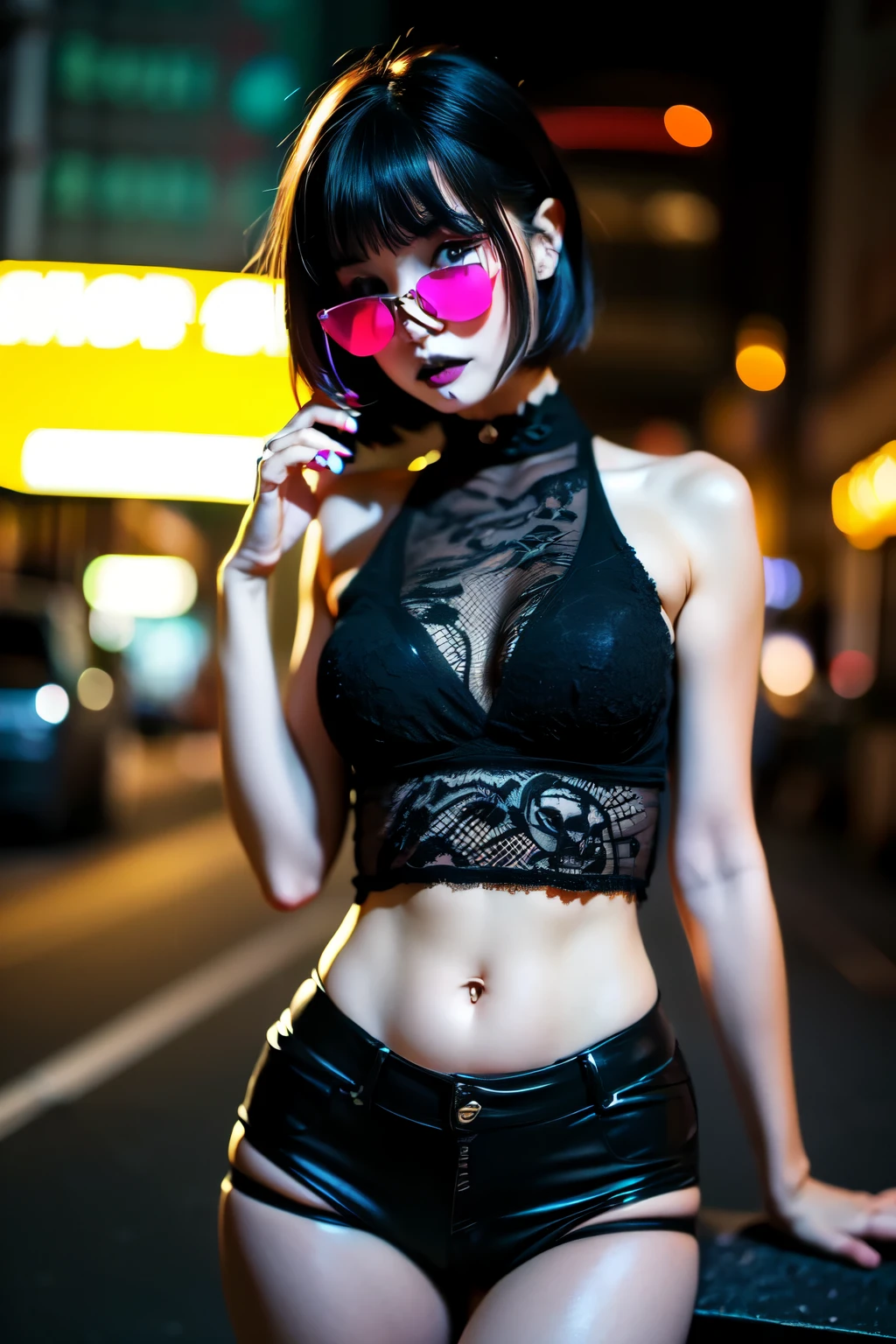 (work of art, best qualityer:1.2), 1 girl, standing alone, high qualiy raw photograph of a young (((goth girl at night))) ,  tongue out, ((cut hair with bangs)), vibrant neon colors, cool sunglasses, silhuette, gazing at viewer, praise, ultra HD, precise, texturized skin, super detaill, High details, high qualiy, high resolution, 1080P, 4K. neon lighting