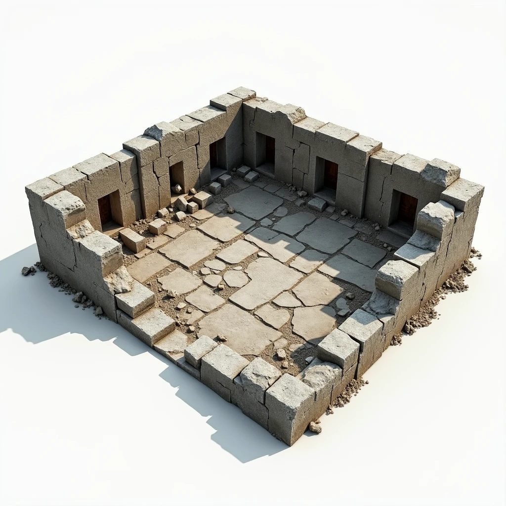  reference representation rendered on a matte white background as a 3D prop set of a small old floor, mossy, stone-floor patio built from ancient style stone blocks of a supposed courtyard with lots of rubble ,  study rendering of a 3D concept prop of a highlighted object , referential digital art of 3D prop ,  irregular stone block floor of a supposed dirty , old, ancient unfinished floor ,  under construction of ancient , pre-rendered,  scene prop sample on white background ,  floor props reference for 3d ,  rendering by global physical lighting NVIDIA GEFORCE RTX ,  representation for 3D model prop set scene , game dev, epic game