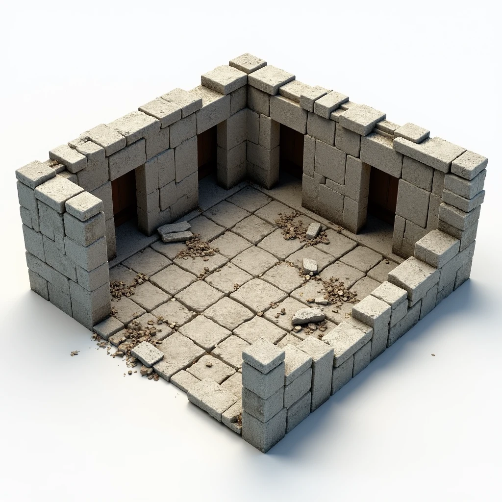  reference representation rendered on a matte white background as a 3D prop set of a small old floor, mossy, stone-floor patio built from ancient style stone blocks of a supposed courtyard with lots of rubble ,  study rendering of a 3D concept prop of a highlighted object , referential digital art of 3D prop ,  irregular stone block floor of a supposed dirty , old, ancient unfinished floor ,  under construction of ancient , pre-rendered,  scene prop sample on white background ,  floor props reference for 3d ,  rendering by global physical lighting NVIDIA GEFORCE RTX ,  representation for 3D model prop set scene , game dev, epic game