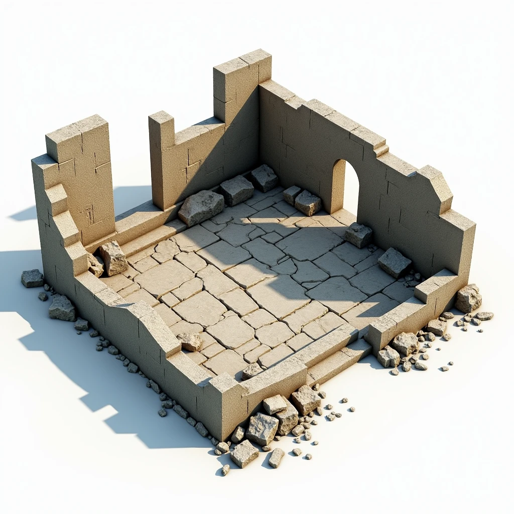  reference representation rendered on a matte white background as a 3D prop set of a small old floor, mossy, stone-floor patio built from ancient style stone blocks of a supposed courtyard with lots of rubble ,  study rendering of a 3D concept prop of a highlighted object , referential digital art of 3D prop ,  irregular stone block floor of a supposed dirty , old, ancient unfinished floor ,  under construction of ancient , pre-rendered,  scene prop sample on white background ,  floor props reference for 3d ,  rendering by global physical lighting NVIDIA GEFORCE RTX ,  representation for 3D model prop set scene , game dev, epic game