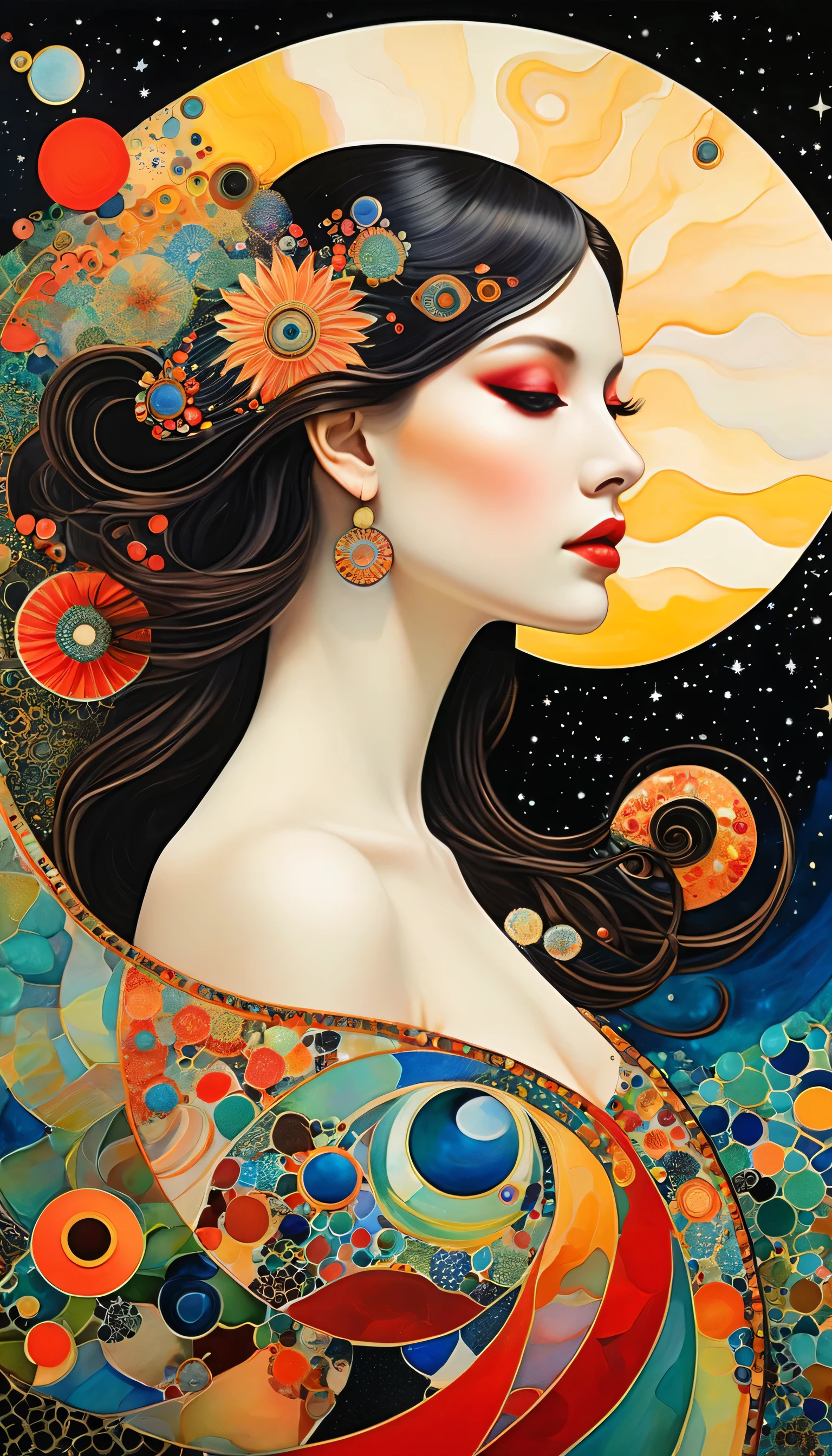 Mucha、 1 snail hut , star artist , artist of the sun 、Colorful Black, world of colors , dopamine ,Beautiful woman with red eyeshadow 、Long Hair、diatom , abstract mosaic painting , depicts the inner world of an autistic person,Spatial Sense,blank,Innocence, psychedelic art , black overlay 、Best Quality