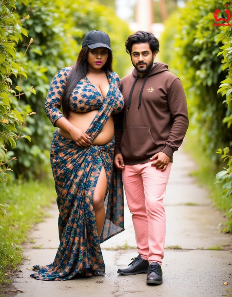 A high-resolution image featuring a voluptuous woman of African descent and a man standing outdoors in a vibrant setting surrounded by lush green foliage. The woman has a curvy figure with a prominent bubble-shaped ass and thick thighs. She is wearing a traditional Indian saree and matching blouse, both in a stylish camouflage pattern with shades of green, gray, and black that mimic the surrounding foliage. The saree is elegantly draped around her waist, emphasizing her hourglass silhouette and accentuating her hips, while the matching blouse features long sleeves that fit snugly, showcasing her toned arms.Her long, straight black hair is styled into a sleek ponytail, and she wears a black cap that adds a sporty touch to her outfit. The expression on her face is playful and engaging as she leans slightly toward the man beside her.The man is dressed casually in a brown hoodie that complements his outfit, paired with light pink pants. He has stylish dreadlocks and is standing with a relaxed posture, one hand resting on his chest as he engages in conversation.The background features vibrant green foliage, enhancing the lively outdoor atmosphere, while the concrete pavement beneath them is well-defined, contributing to the scene's clarity. The overall lighting is bright and natural, highlighting the details of both their outfits and expressions, creating a dynamic and visually appealing image.