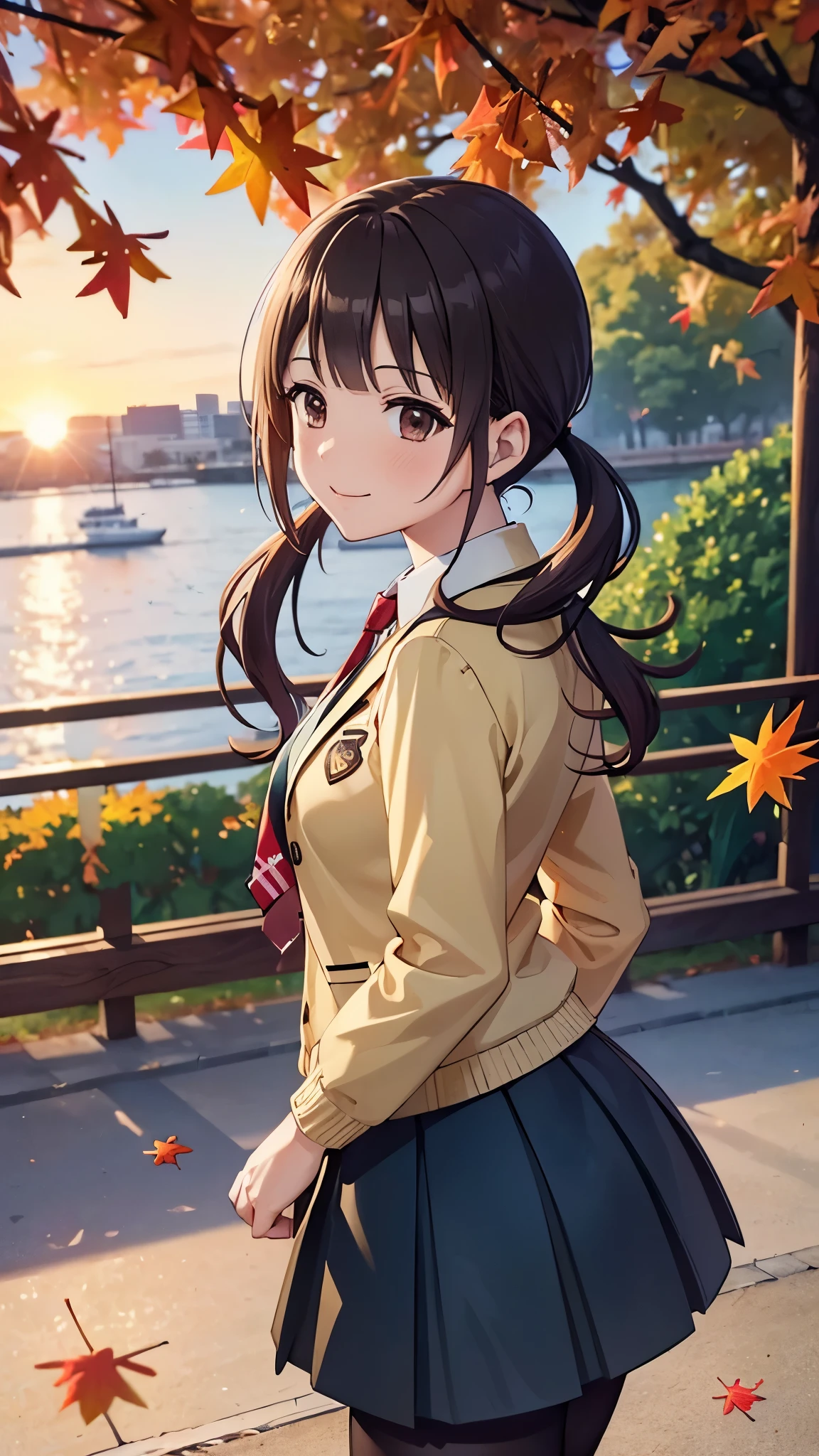 (16k,Ultra-high resolution,Best Quality,masterpiece, very detailed,Extremely clear CG),Okinawa looking back at the camera, low twintails,Anatomically correct body, very detailed顔の特徴, Beautiful and perfect face,dark brown jacket, red necktie, yellow sweater vest, blue skirt, pantyhose,Park in the evening,((Vivid autumn leaves:1.3)),sunset,Perfect Eyes,Place your arms behind your back.:1.3, angle from above ,Looking at the camera,Smiling at the audience,red cheek,Enoshima,Photographing the back