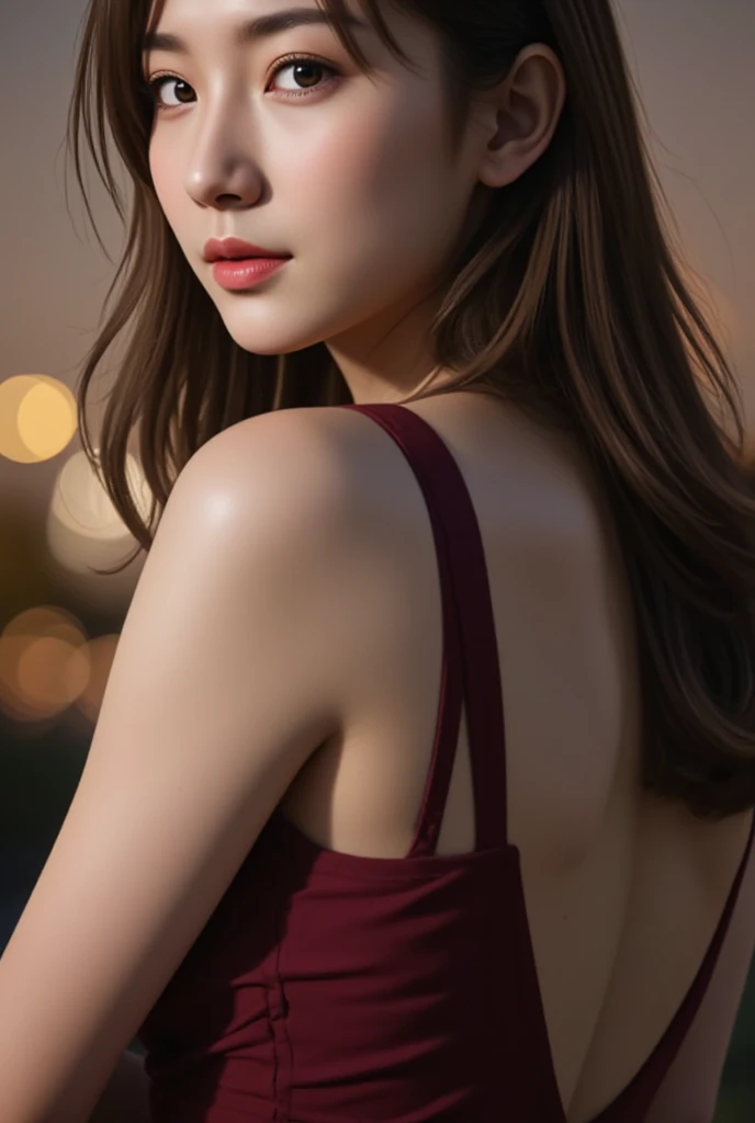 masterpiece, 8k, high resolution, high quality, ultra-detailed, beautiful face, epic lighting, dynamic pose, glowing skin, bokeh, realistic, Softly lit, 1girl portrait in a melancholic atmosphere: a Korean beauty with an exquisite, heart-shaped face and radiant, glowing skin. She stands with a poignant, dynamic pose, her slender frame silhouetted against a blurred bokeh background. The ultra-detailed, high-resolution image captures every nuanced detail of her features, from the delicate eyebrows to the soft, pink lips. In the midst of sorrow, her beauty shines like a beacon, drawing us in with its realism and poignancy.