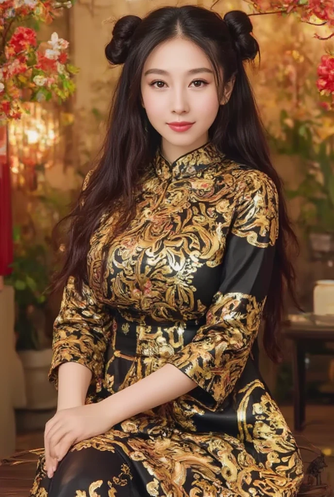 Eyes are very fragile，Double ponytail cheongsam，Chinese New Year Decorations（（Smile artwork）））， （（ best quality on the tree））， （（Intricate details））， （（ Surrealism ））（8K）