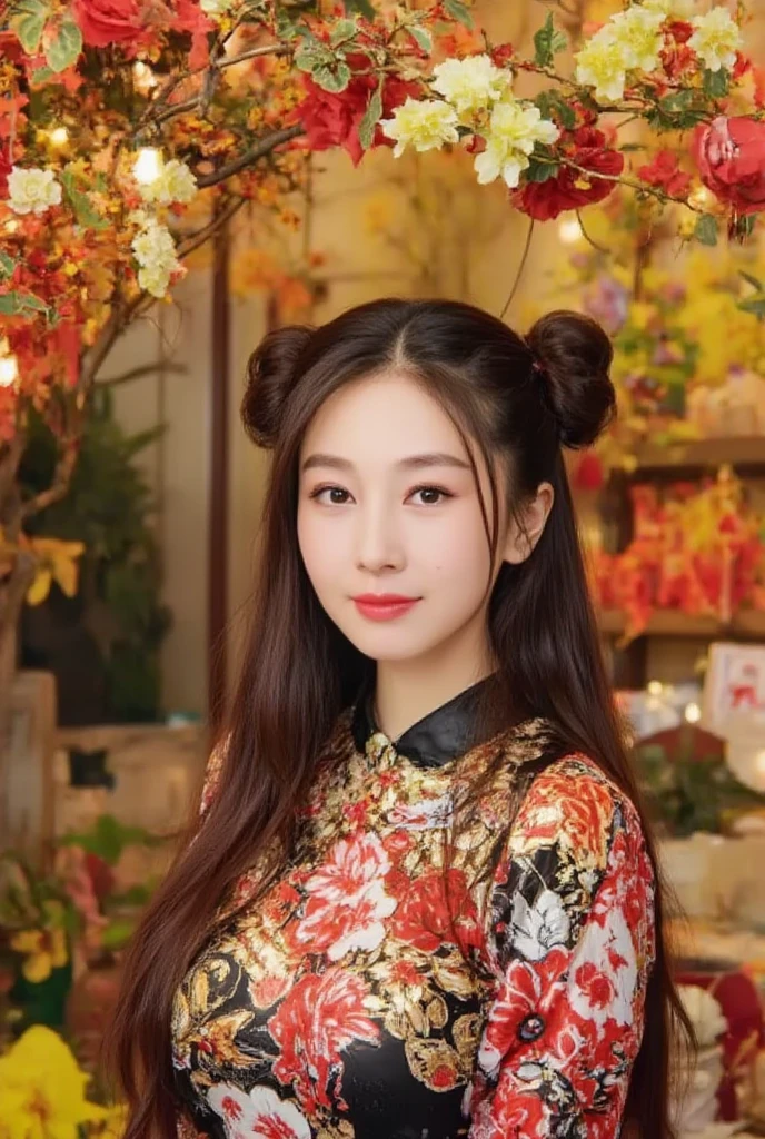 Eyes are very fragile，Double ponytail cheongsam，Chinese New Year Decorations（（Smile artwork）））， （（ best quality on the tree））， （（Intricate details））， （（ Surrealism ））（8K）