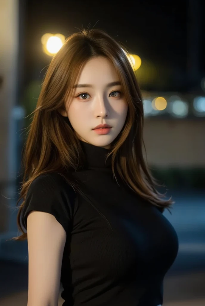 masterpiece, 8k, high resolution, high quality, ultra-detailed, beautiful face, epic lighting, dynamic pose, glowing skin, bokeh, realistic, Softly lit, 1girl portrait in a melancholic atmosphere: a Korean beauty with an exquisite, heart-shaped face and radiant, glowing skin. She stands with a poignant, dynamic pose, her slender frame silhouetted against a blurred bokeh background. The ultra-detailed, high-resolution image captures every nuanced detail of her features, from the delicate eyebrows to the soft, pink lips. In the midst of sorrow, her beauty shines like a beacon, drawing us in with its realism and poignancy.