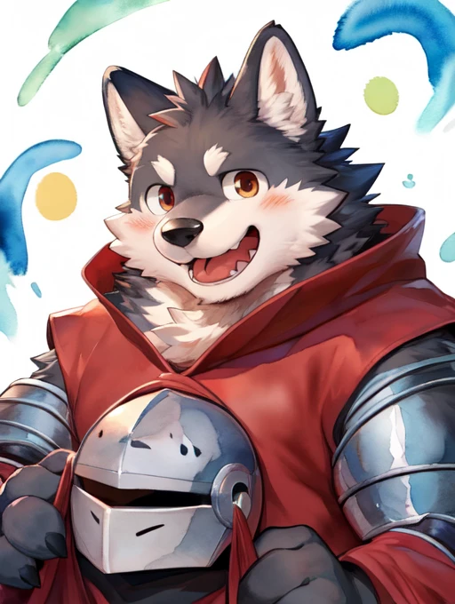 Scribble Wolf face, ((cute)), Anthro(Wolf), ( grayish black fur :1.2),  by Arashi Takemoto , White Beard, White abdomen, (Knight Costume,  long red cherry cloak from Kamyuel), (close:1.5),  by Kamyuel , From Kamyuel, by milkytiger1145, by 96panda, Generous Smile, happy,  open your mouth, (watercolor \(Medium\),  comic style :1.2),Front View, Face Focus, Abstract background,  Fantasy , Various colors, colorful, 
 Embarrassed face sticks out small tongue