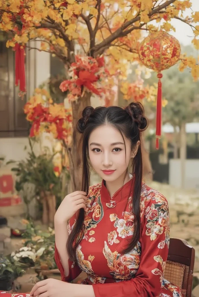 Eyes are very fragile，Double ponytail cheongsam，Chinese New Year Decorations（（Smile artwork）））， （（ best quality on the tree））， （（Intricate details））， （（ Surrealism ））（8K）