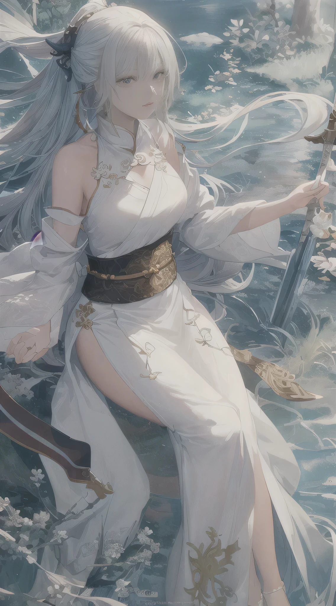 a close up of a woman with a sword in a white dress, a character portrait by Yang J, trending on cgsociety, fantasy art, beautiful character painting, artwork in the style of guweiz, guweiz, white hanfu, flowing white robes, full body wuxia, epic exquisite character art, stunning character art, beautiful female assassin
