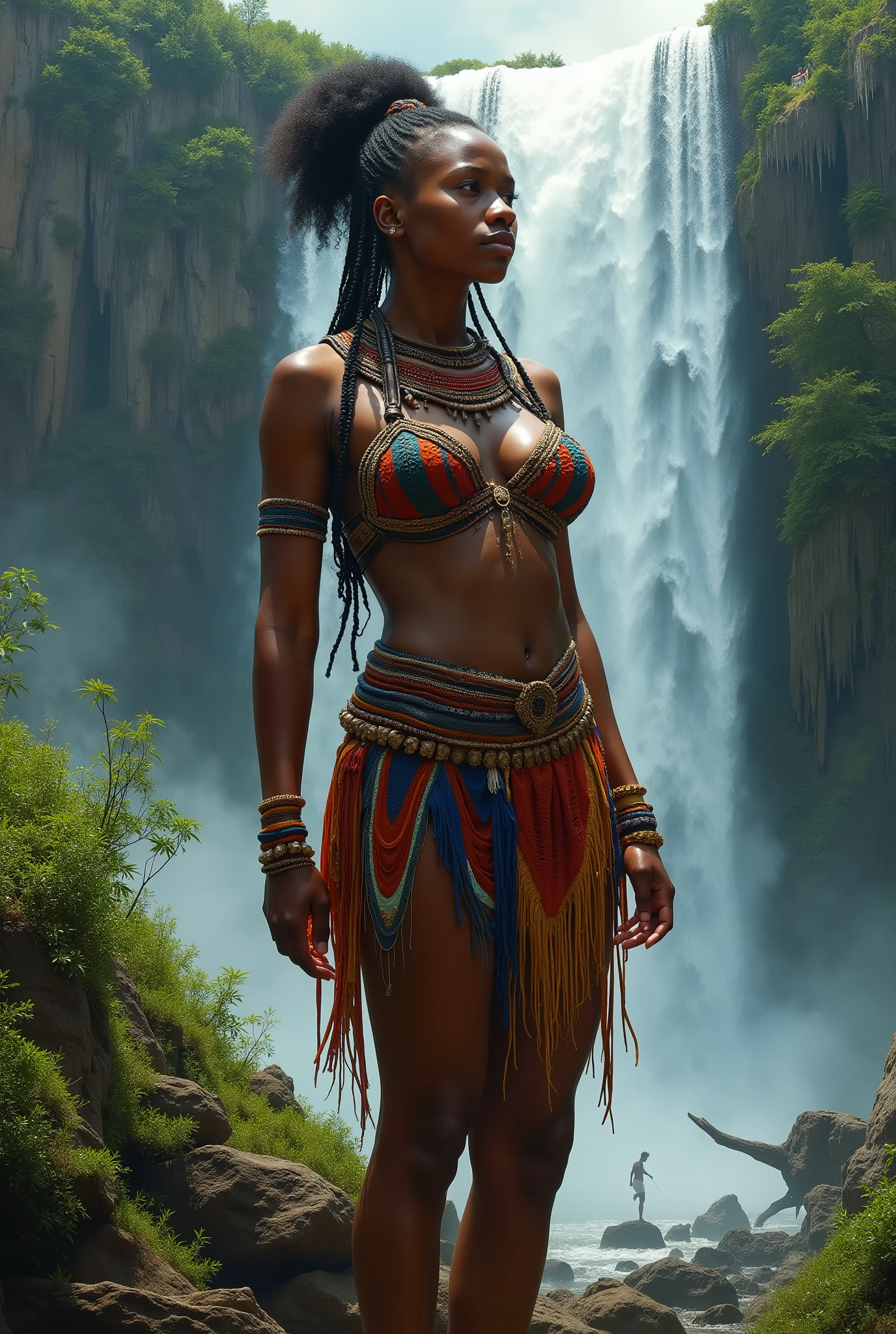 Orisha oxum, Deusa africana, African accessories, with slot belt with conch shells, cinto dourado, colares Zulu, Nigeria, cachoeira, lilies, Afrofuturismo, misticismo, African culture, tribal makeup, Orisha oxum, with necklace around African style, with bare breasts adorned with golden bracelets;, saia longa dourada, belt with gold coins and whelks, braided hair and mirror in hand in a waterfall with white lilies on feet,