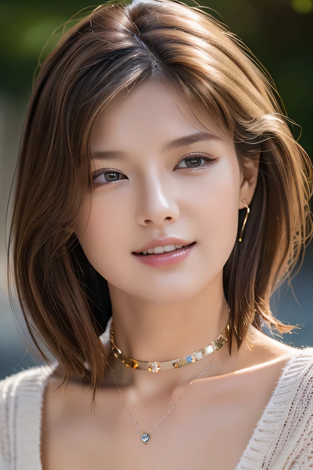 ((highest quality)), ((masterpiece)), (detailed), Perfect Face、Perfect body、Light brown hair、Beautiful Skin、Cleavage、girlfriend on date、Russian Beauty、(masterpiece:1.3), (8k, Photorealistic, Raw photo, Best image quality: 1.4), (Random Hairstyles:1.2)、Cleavage:1.2、Super detailed face、Attention to detail、double eyelid、Put your chest together、Sharp focus:1.2、Beautiful woman:1.4、Light brown hair、highest quality、masterpiece、超A high resolution、(Photorealistic:1.4)、Very detailed and professionally lit smiles、Loose, lightweight knitwear、Shoulders out、thin、Serious expression、Deadly position,amazing, dynamic production ,((errings)), ((erotic choker)) ,((necklace jewelry )),