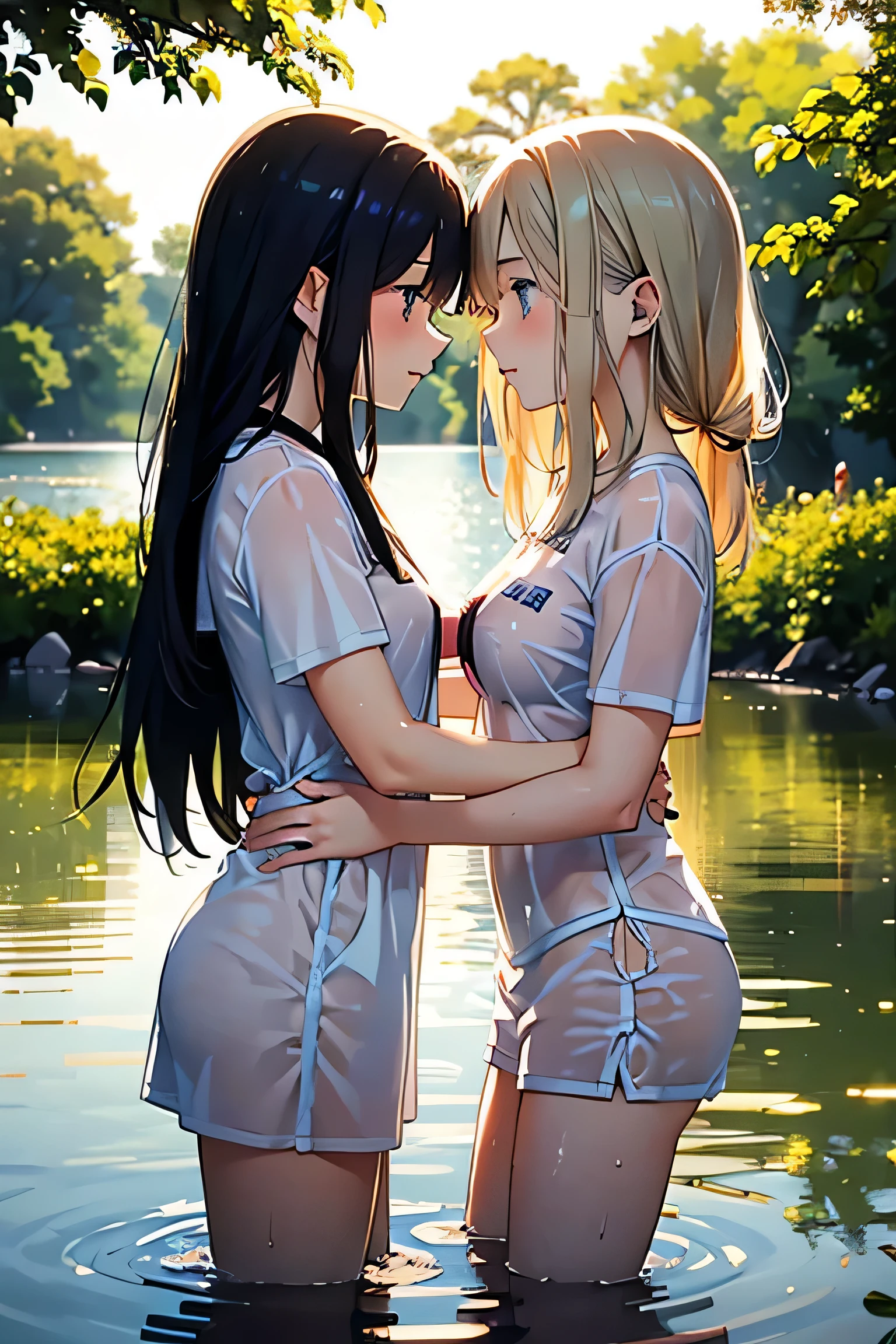 （masterpiece，High quality），two girls，cooking， anime girls， looking at each other ，hugging each other ，soft eyes，Medium chest，wet shirt，（Standing on the lake），Morning Sunlight：1.2，Side view