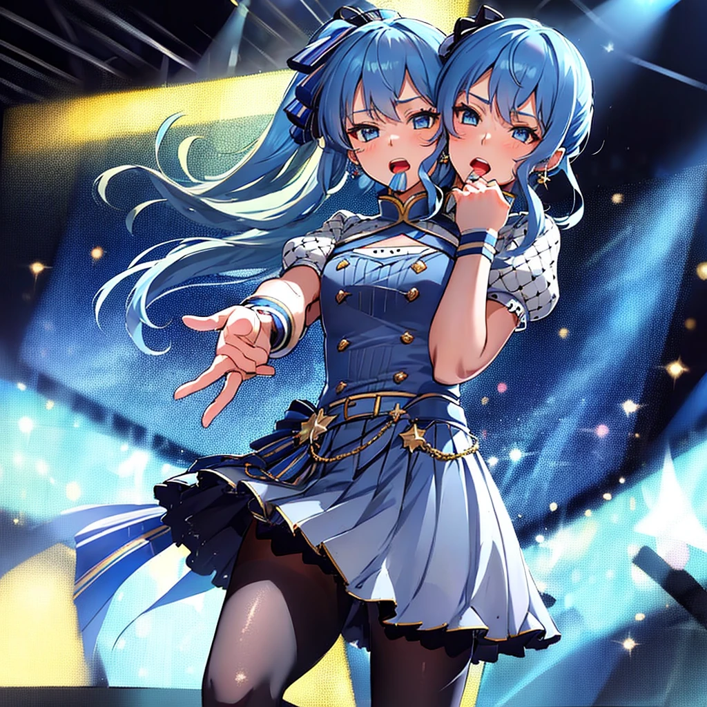 ((masterpiece:1.2)), 1girl, solo, anime, ((2heads:1)), idol singer, teenager, HoshimachiSuisei, side ponytail, blue hair ribbon,  (light blue hair, long hair), (blue clothes, (white clothes), blue skirt, idol clothes, princess clothes, marching band uniform), close up,  ((both hands on chest, both hands holding together, praying hands)), black pantyhoses, (eyes closed), calm, focus, (cheek-to-cheek), singing, ((standing straight)), (mouth open bigger), concert stage, blue spotlight, blue brighter staeld background, wind blowing, 