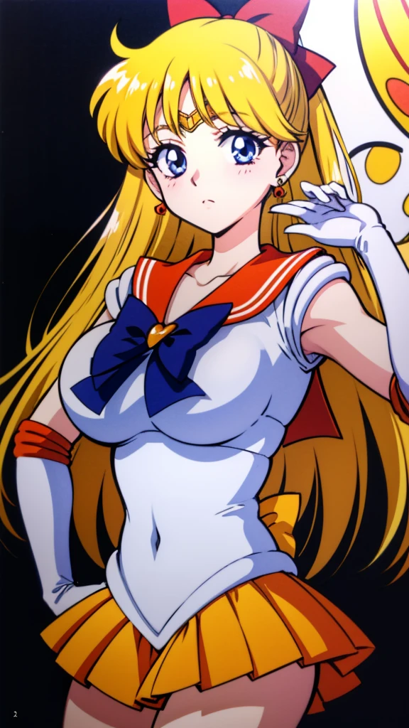 Best Quality,  High Resolution , Large Breasts, [Minako Aino, bangs, (Sailor Venus ,Hair Ribbon, elbow gloves, Neck ribbon, bangs, Long Hair,  circlet,  jewelry , Flower Earrings, Orange Sailor Collar), ,  and embarrassed, Orange Skirt