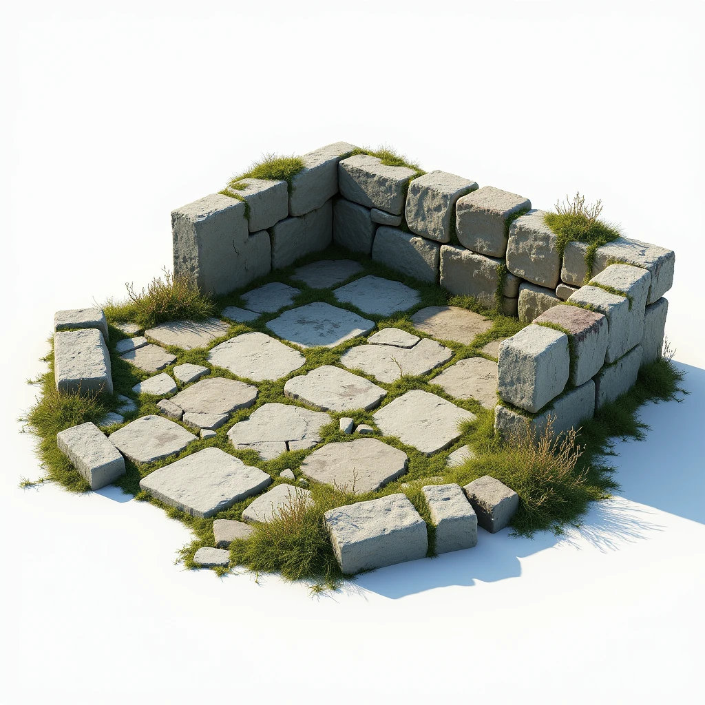  reference representation rendered on a matte white background as a 3D prop set of a small old floor, mossy, stone-floor patio built from ancient style stone blocks of a supposed courtyard with lots of rubble ,  study rendering of a 3D concept prop of a highlighted object , referential digital art of 3D prop ,  irregular stone block floor of a supposed dirty , old, ancient unfinished floor ,  under construction of ancient , pre-rendered,  scene prop sample on white background ,  floor props reference for 3d ,  rendering by global physical lighting NVIDIA GEFORCE RTX ,  representation for 3D model prop set scene , game dev, epic game