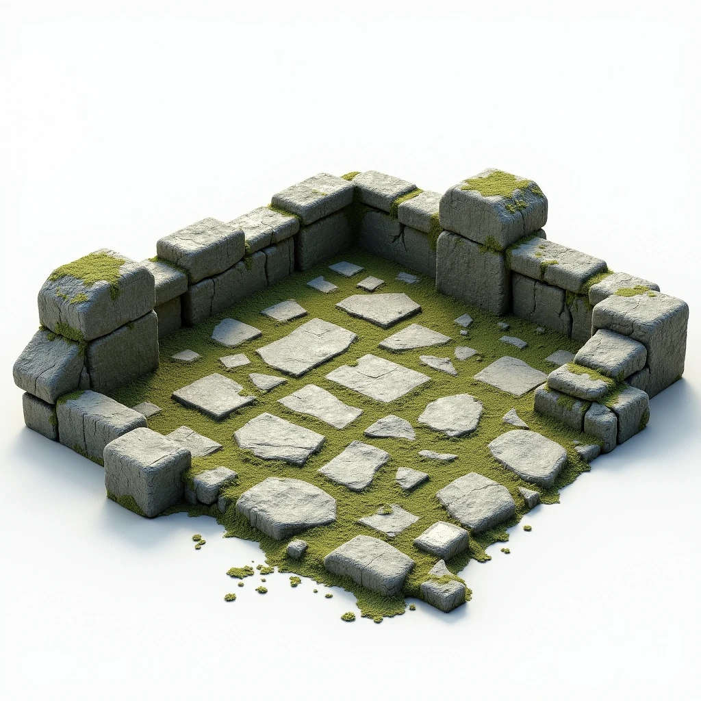  reference representation rendered on a matte white background as a 3D prop set of a small old floor, mossy, stone-floor patio built from ancient style stone blocks of a supposed courtyard with lots of rubble ,  study rendering of a 3D concept prop of a highlighted object , referential digital art of 3D prop ,  irregular stone block floor of a supposed dirty , old, ancient unfinished floor ,  under construction of ancient , pre-rendered,  scene prop sample on white background ,  floor props reference for 3d ,  rendering by global physical lighting NVIDIA GEFORCE RTX ,  representation for 3D model prop set scene , game dev, epic game