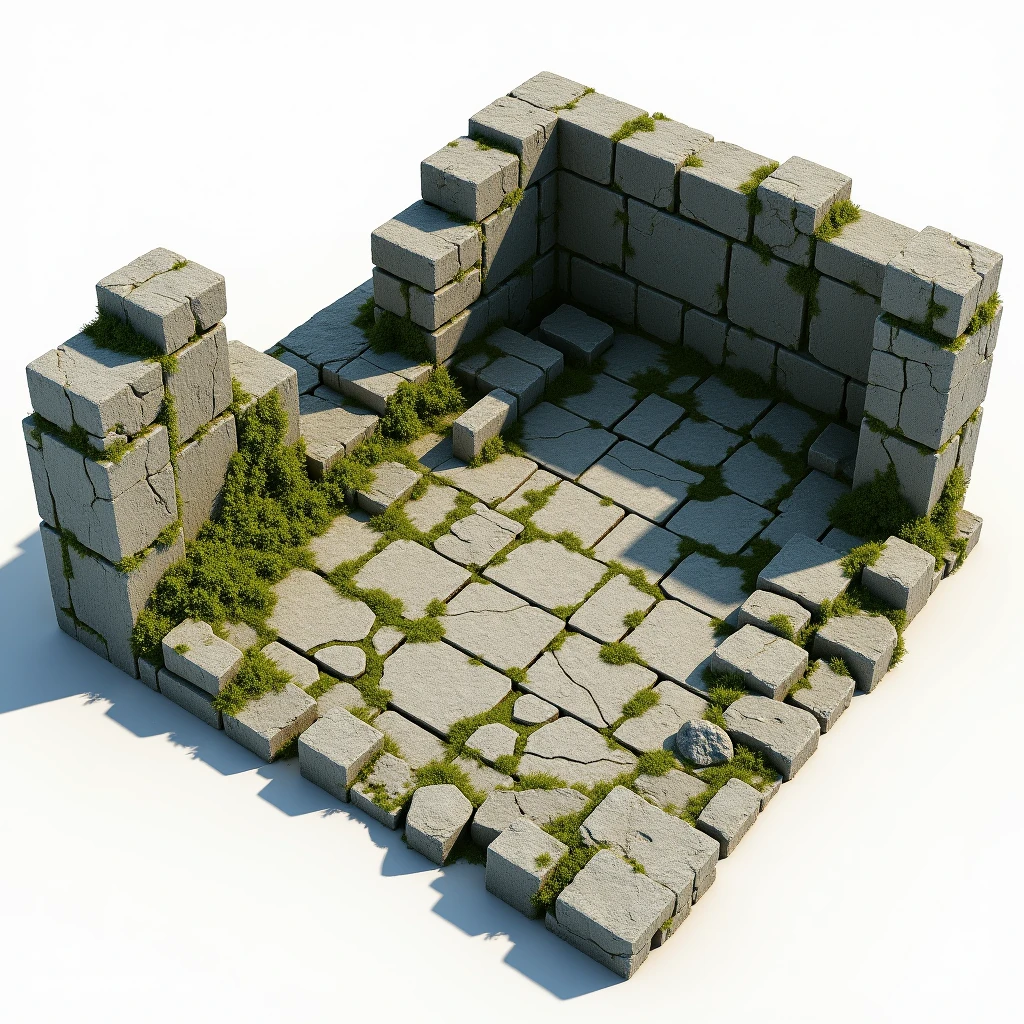  reference representation rendered on a matte white background as a 3D prop set of a small old floor, mossy, stone-floor patio built from ancient style stone blocks of a supposed courtyard with lots of rubble ,  study rendering of a 3D concept prop of a highlighted object , referential digital art of 3D prop ,  irregular stone block floor of a supposed dirty , old, ancient unfinished floor ,  under construction of ancient , pre-rendered,  scene prop sample on white background ,  floor props reference for 3d ,  rendering by global physical lighting NVIDIA GEFORCE RTX ,  representation for 3D model prop set scene , game dev, epic game