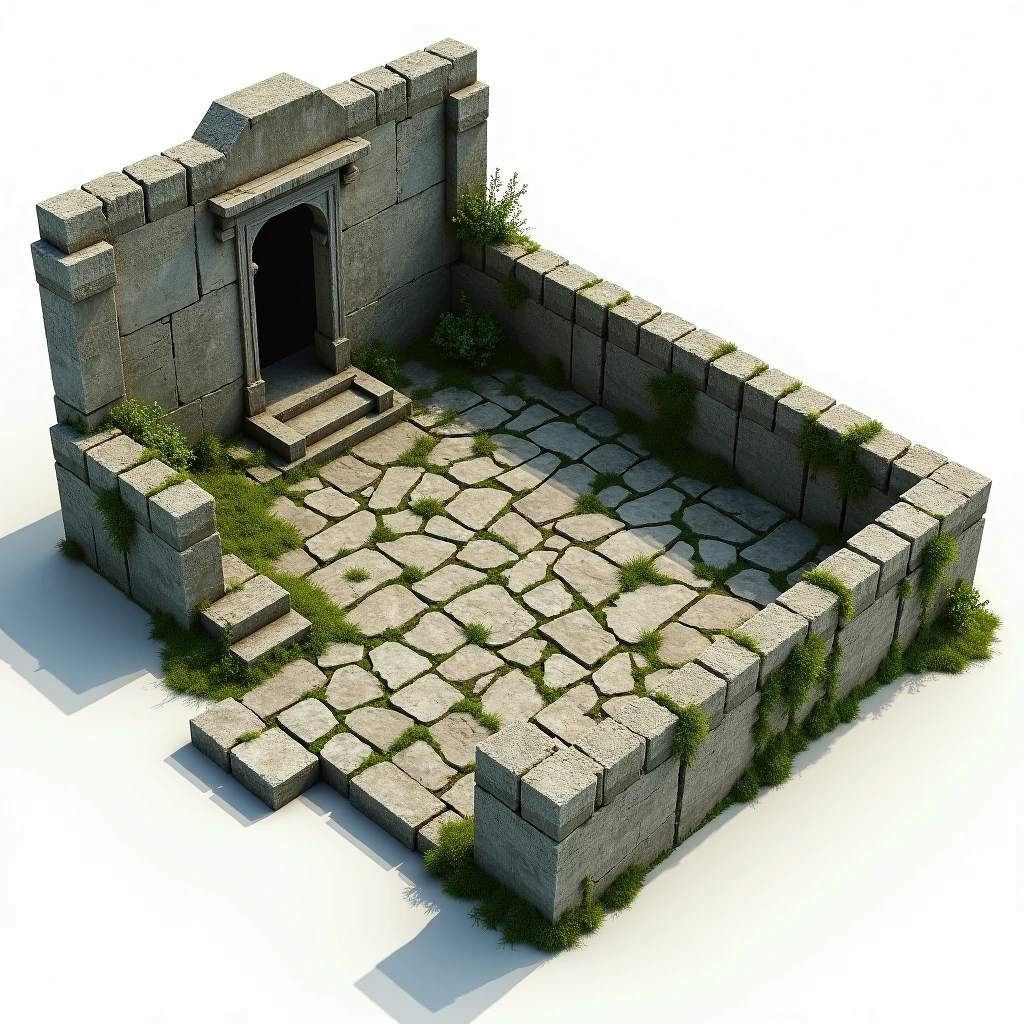  reference representation rendered on a matte white background as a 3D prop set of a small old floor, mossy, stone-floor patio built from ancient style stone blocks of a supposed courtyard with lots of rubble ,  study rendering of a 3D concept prop of a highlighted object , referential digital art of 3D prop ,  irregular stone block floor of a supposed dirty , old, ancient unfinished floor ,  under construction of ancient , pre-rendered,  scene prop sample on white background ,  floor props reference for 3d ,  rendering by global physical lighting NVIDIA GEFORCE RTX ,  representation for 3D model prop set scene , game dev, epic game