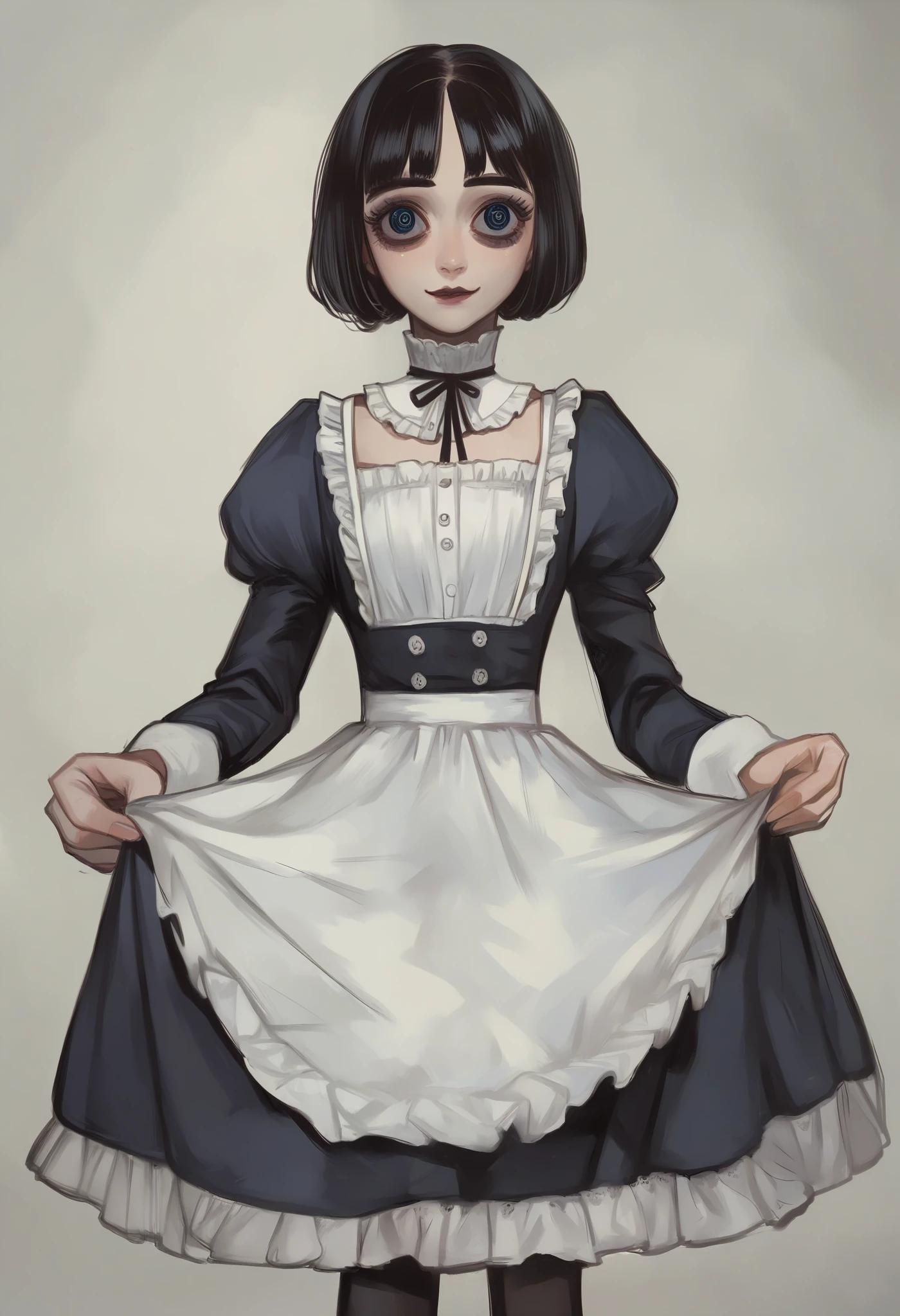 score_9, score_8_up, score_7_up, best quality, BREAK, masterpiece,high quality, 8K, 1girl, small, cute, black hair, bob cut, stitched mouth,  victorian dress, button eyes, kitchen background,