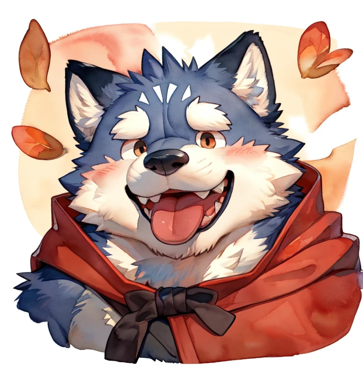 Scribble Wolf face, ((cute)), Anthro(Wolf), ( grayish black fur :1.2),  by Arashi Takemoto , White Beard, White abdomen, (Knight Costume,  long red cherry cloak from Kamyuel), (close:1.5),  by Kamyuel , From Kamyuel, by milkytiger1145, by 96panda, Generous Smile, happy,  open your mouth, (watercolor \(Medium\),  comic style :1.2),Front View, Face Focus, Abstract background,  Fantasy , Various colors, colorful, 
 Embarrassed face sticks out small tongue