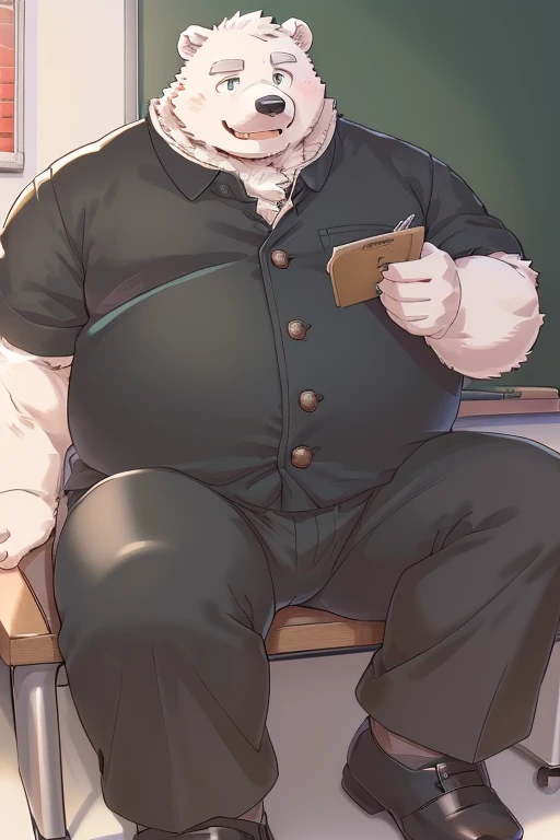 Gained weight、Being overweight、Gained weight顔、Bear Beast Man、 Brown Eyes 、Polar bear、fur、Fluffy、cute(student、Short、Black clothes、I'm wearing long black pants Gakuran）( school classroom background ）（（ sit on a chair、Lie down on the desk and doze off））