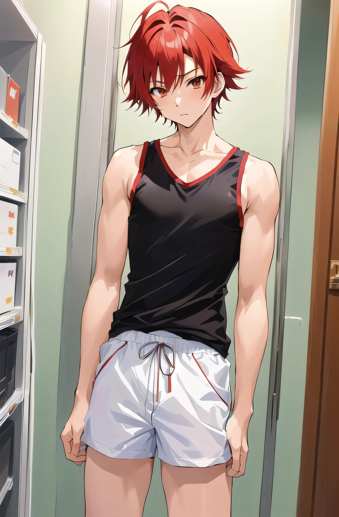 male teen、Red-haired、Green eyes、Look away、Erect 、embarrassed from、Blushing、fullnude、a park、Masturbation in public、Ejaculate a lot、barechested、A young man、Cock