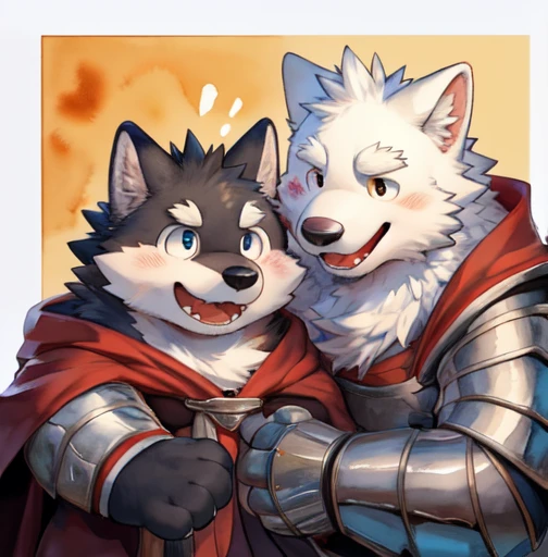 Scribble Wolf face, ((cute)), Anthro(Wolf), ( grayish black fur :1.2),  by Arashi Takemoto , White Beard, White abdomen, (Knight Costume,  long red cherry cloak from Kamyuel), (close:1.5),  by Kamyuel , From Kamyuel, by milkytiger1145, by 96panda, Generous Smile, happy,  open your mouth, (watercolor \(Medium\),  comic style :1.2),Front View,, Abstract background,  Fantasy , Various colors, colorful, 
 Embarrassed face sticks out small tongue、Cum on face