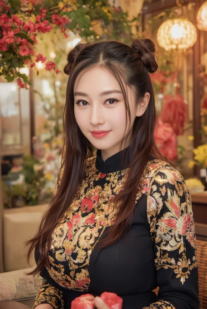 Eyes are very fragile，Double ponytail cheongsam，Chinese New Year Decorations（（Smile artwork）））， （（ best quality on the tree））， （（Intricate details））， （（ Surrealism ））（8K）