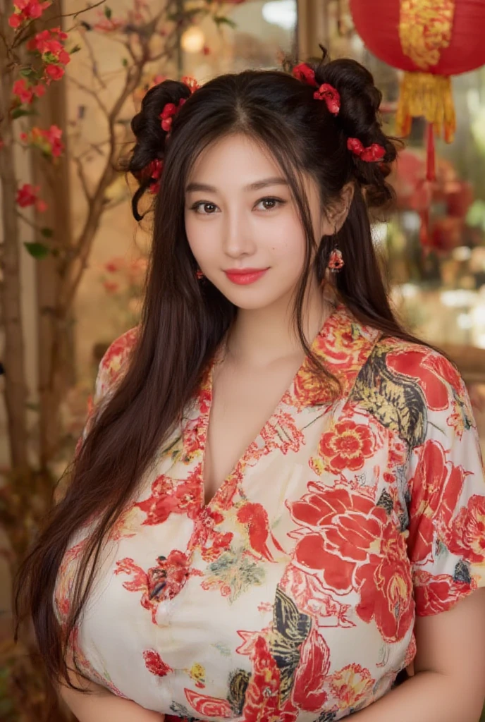 Eyes are very fragile，Double ponytail cheongsam，Chinese New Year Decorations（（Smile artwork）））， （（ best quality on the tree））， （（Intricate details））， （（ Surrealism ））（8K）