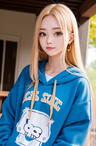  10 years old,, Big Breasts, Beautiful breasts,  Long Hair, ponytail 、Blonde Hair,  8k, , LED lighting, Japanese girl、smile、Sunburned skin、slender、Height: about 140cm、Golden Hair、blond、Sweatshirt top and bottom、whole body