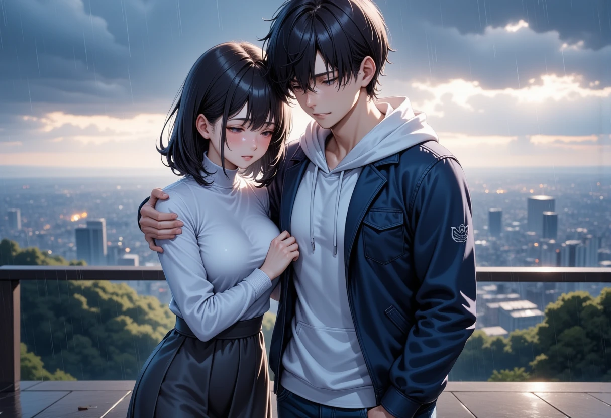 Portrait of a woman burying her face in the chest of a man with a serious expression while being hit by rain, closing her eyes and overflowing with tears ,  Handsome dark-haired man in jeans wearing a white hoodie over a blue jacket  (Asuka),  medium haired dark-haired woman wearing a white turtleneck and dark gray long skirt(Haruna), On the hill where you can see the cityscape cloudy in the rain ,4ｋ, Realistic 2 Ｄ digital art,  very high definition and correct depiction ,  expressions of sorrow 