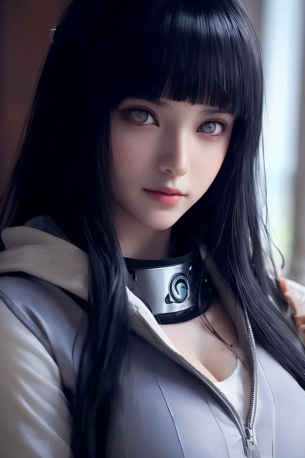 Top Quality, Masterpiece, Ultra High Resolution, (Photorealistic: 1.4), Raw Photo, 1 Girl, Black Hair, Glossy Skin, 1 Mechanical Girl, (((Ultra Realistic Details)), Portrait, Global Illumination, Shadows, Octane Rendering, 8K, Ultra Sharp, Intricate Ornaments Details, realistic skin, sweat effect, ((wearing Headphone)), very intricate detail, realistic light, CGSoation trend, white eyes, glowing eyes, matte black and glossy orange mechanical bodysuit, Long hair, black hair, Ponytail hair, full body shot, spaceship bridge background, dynamic pose, smile