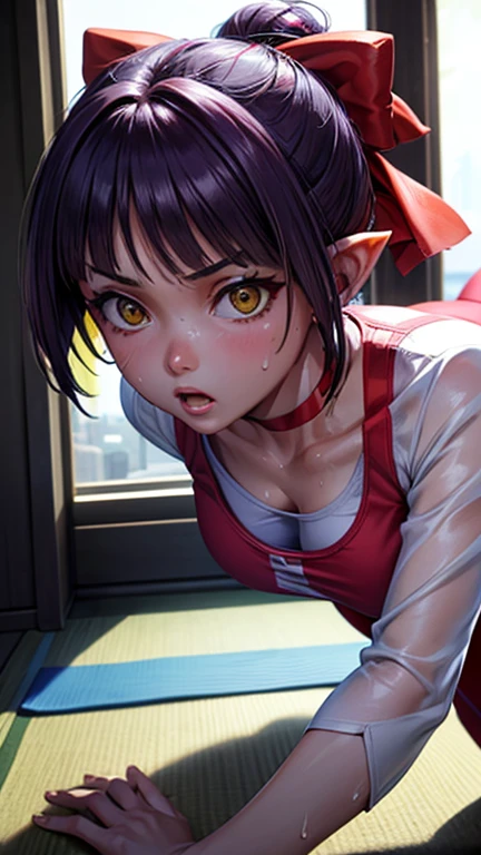  High quality masterpiece  , (  Unreal Engine  ), reality:1.8, Ultra-high resolution,   rich contrast , High image quality, 8k, High resolution textures, Astonishing absolute resolution, Advanced Settings  , colorful, Clear images, Sharp focus,   shadows , (  Hasselblad working in the city   , Dynamic Angle),

One Girl, Catgirl \(GeGeGe no Kitaro 6\), Purple Hair, Yellow Eyes, Alone, Red choker, hair ribbon,  pointed ears, short hair, Red ribbon, bangs, clavicle, brooch,  jewelry , Big Breasts,  ((Hot Yoga, Red yoga clothes are see-through due to sweat)),  

indoor, Hot Yoga,  dynamic pose, 