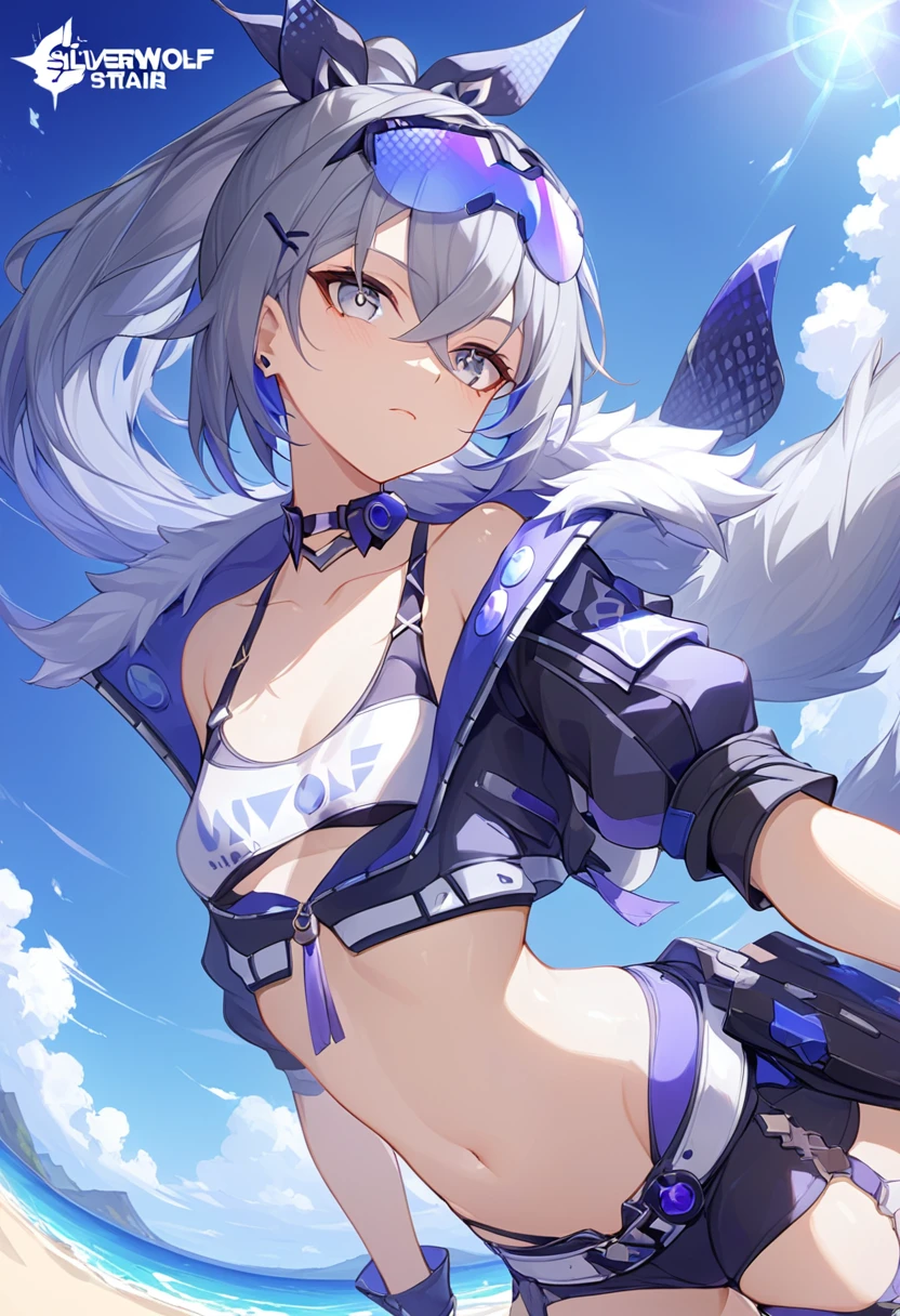 (masterpiece, best quality:1.2),1girl, silverwolf, Honkai Star Rail, silver hair, ponytail, gray eyes, goggle, high quality, detailed shiny skin, detailed beautiful hair, detailed beautiful eyes, detailed clothes, (high resolusion:1.2), 4K, official art, high quality, small breasts, perspective,dynamic angle,fisheye lens,Swimwear、Sandy Beach、navel,on back