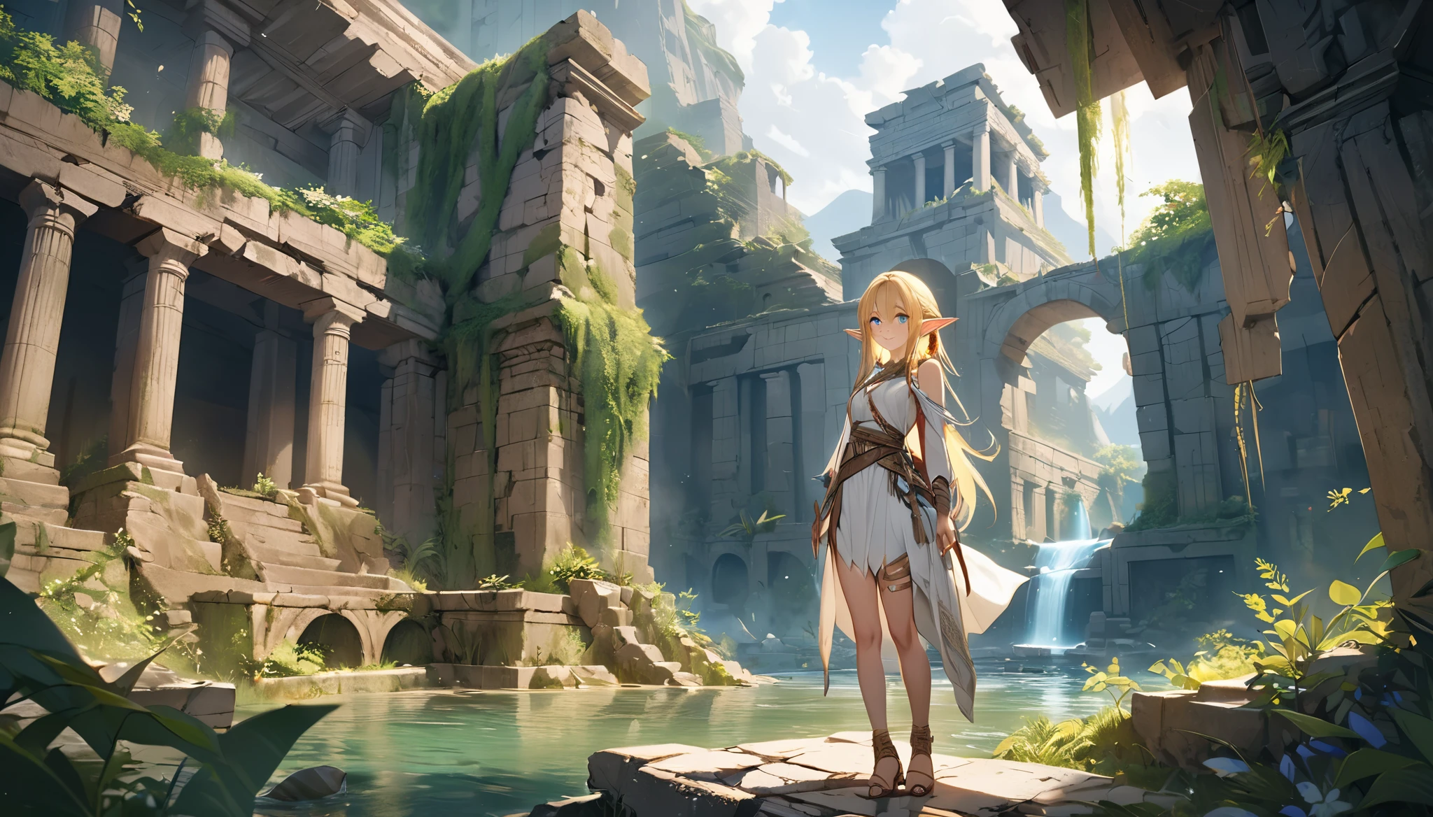 perfect eyes, Soft light, High image quality, 4K resolution, masterpiece, textured skin, and is particular about every detail, Detailed face, Detailed eyes, Best Quality, Super detailed, High image quality, Elf, Golden Hair, Half Up, pointed ears, Crystal Earrings,Elfの装束 ,Ancient ruins spreading below your eyes , Ancient ruins with beautiful greenery and water,whole body,smile,1 person,( long shot)