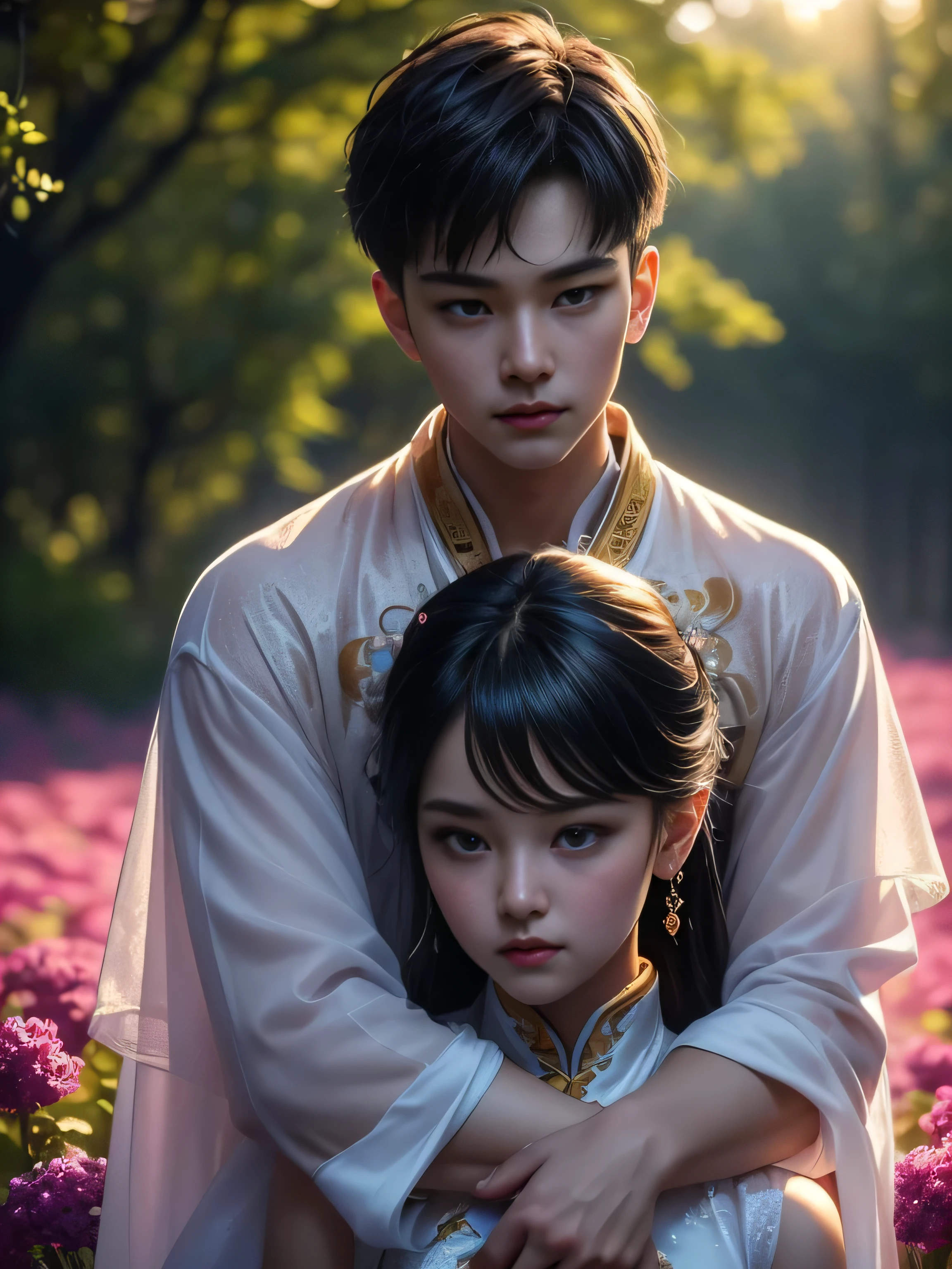 (Best Quality, Super Detail, Masterpiece, Representative Work, Official Art, Professional, Super Fine Detail, 8k:1.3), (photorealism:1.2), (Couple, Beautiful Girl and Boy), A couple in the sea of flowers, Handsome guy hugs beautiful girl from behind, Smiling and Wearing White Clothes, Delicate Hair, Chinese Beauty and Handsome Man, Wearing Ancient Chinese Clothes, Flowing Tulle, Light Silk, Create a movie poster similar to those used in Chinese romantic fantasy dramas, Correct proportions, Perfect face, perfect hands, Sweet atmosphere, Photorealistic, Sharp Focus, Dreamy Atmosphere, Delicate Details, Soft Volumetric Light, (Backlight:1.3), (Cinematic:1.2), Intricate Details, (ArtStation:1.3)