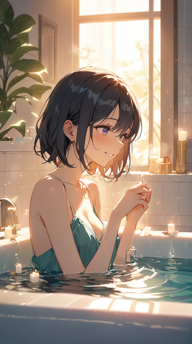 best quality,ultra-detailed,photorealistic,black-haired naked girl taking a bath in a bathtub,warm water,steam rising,relaxing atmosphere,soft candlelight,gentle water ripples,sparkling droplets of water on the skin,wet hair clinging to the girl's shoulders and back,calming music,blurred background,bubbles,serene expression on the girl's face,fresh scent of bath products,gleaming porcelain bathtub,tranquil environment,subtle reflections on the water's surface,silky smooth skin,gentle water splashes,comfortable position in the bathtub,silhouette of the girl's body,ray of sunlight streaming through the window,serenity,peacefulness