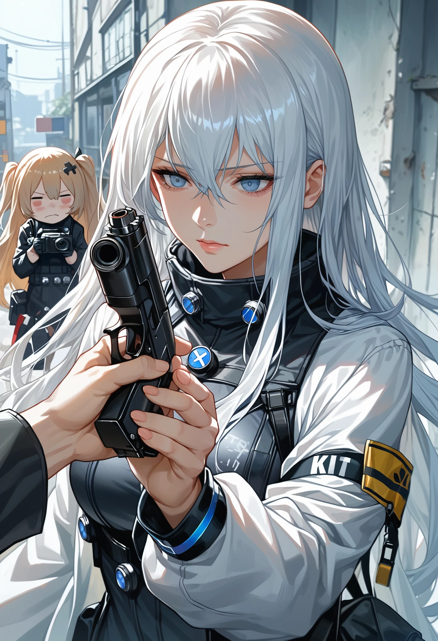real girl with gun in hand holding a camera, fine details. girls frontline, girls frontline cg, killy from blame!, female action anime girl, by Jin Homura, m4 sopmod ii girls frontline, from girls frontline, gantz, badass anime 8 k, 2 d cg, girls frontline, noire photo, blame!, cg art, with pistol