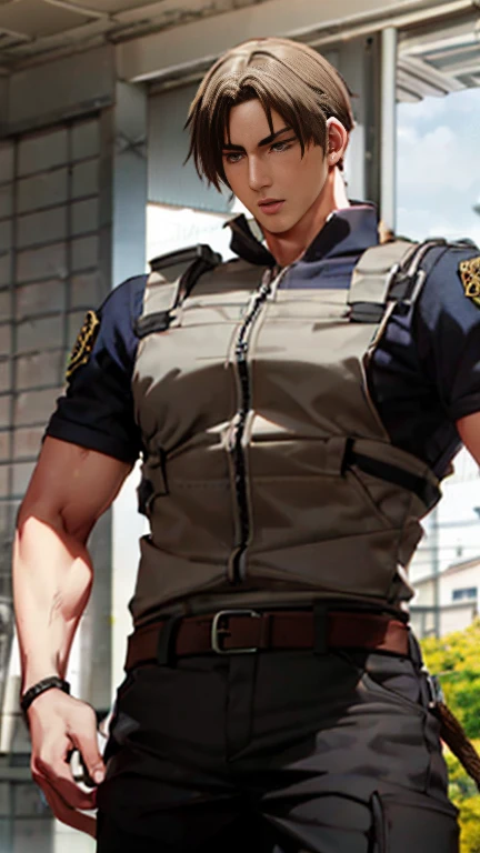 (Highly detailed CG), (Best Quality), Leon S. Kennedy has a beautiful body, SWAT Clothing, Handsome and cool young man, Slim and muscular,  He was taken away by a rope.,  is embarrassing, high quality