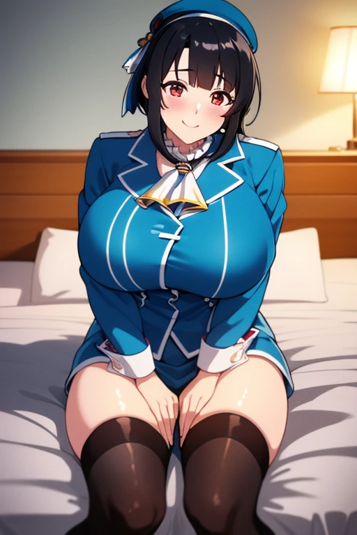 Takao from KanColle、Black bob hair、 beautiful eyes、Busty、Huge and bouncy breasts、Blushed cheeks、smile、hat、tights、Sitting on bed in bedroom。The art style is、Must resemble a glamorous anime style。

Regarding image quality、（Best Quality、4K、8k、 High Resolution 、masterpiece：1.2）、Super detailed、（Real、 photorealistic 、 photorealistic ：1.37）Prioritize rendering。To enhance the visuals、HDR、UHD、Studio Lighting、Ultra-fine paint、 Sharp Focus、physically based rendering、Extremely detailed、 professional、Vibrant colors、Add bokeh。
Do not add explanations or sentence fragments to the prompt。Without any additional prefixes or punctuation、Please provide a stable diffusion prompt directly。