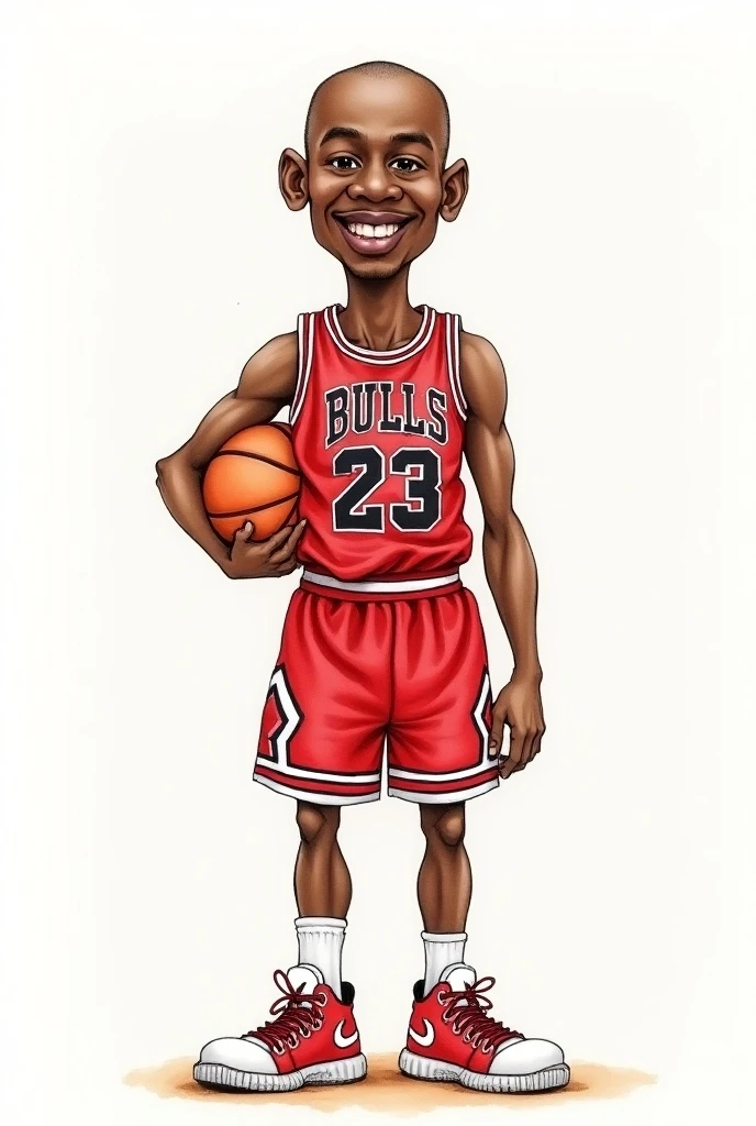 Caricature, Basketball god Michael Jordan, red Bulls uniform, "BULLS 23", throw-in, super deformed, line art, watercolor