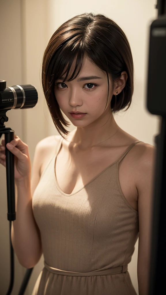POV camera facing down the body, medium breast, the camera looks at the whole body, shooting smooth thighs,Without seeing the face