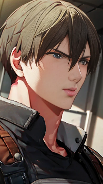 (Highly detailed CG), (Best Quality), Leon S. Kennedy has a beautiful body, SWAT Clothing, Handsome and cool young man, Slim and muscular, Skin is brown, Blonde hair, Frivolous