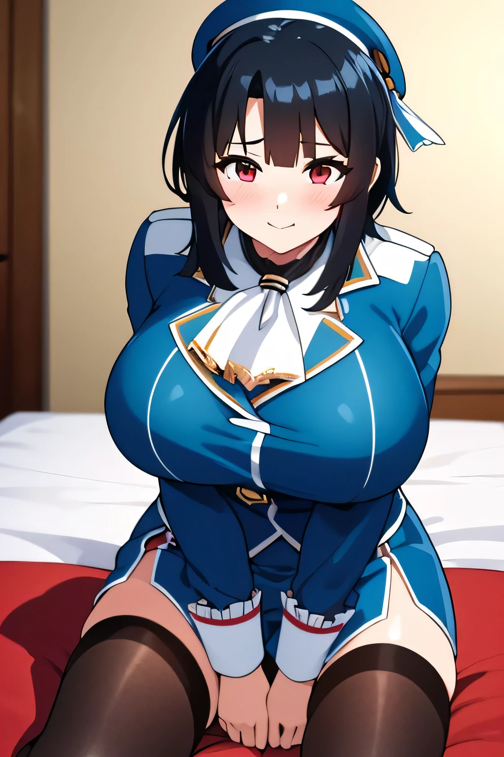 Takao from KanColle、Black bob hair、 beautiful eyes、Busty、Huge and bouncy breasts、Blushed cheeks、smile、hat、tights、Sitting on bed in bedroom。The art style is、Must resemble a glamorous anime style。

Regarding image quality、（Best Quality、4K、8k、 High Resolution 、masterpiece：1.2）、Super detailed、（Real、 photorealistic 、 photorealistic ：1.37）Prioritize rendering。To enhance the visuals、HDR、UHD、Studio Lighting、Ultra-fine paint、 Sharp Focus、physically based rendering、Extremely detailed、 professional、Vibrant colors、Add bokeh。
Do not add explanations or sentence fragments to the prompt。Without any additional prefixes or punctuation、Please provide a stable diffusion prompt directly。