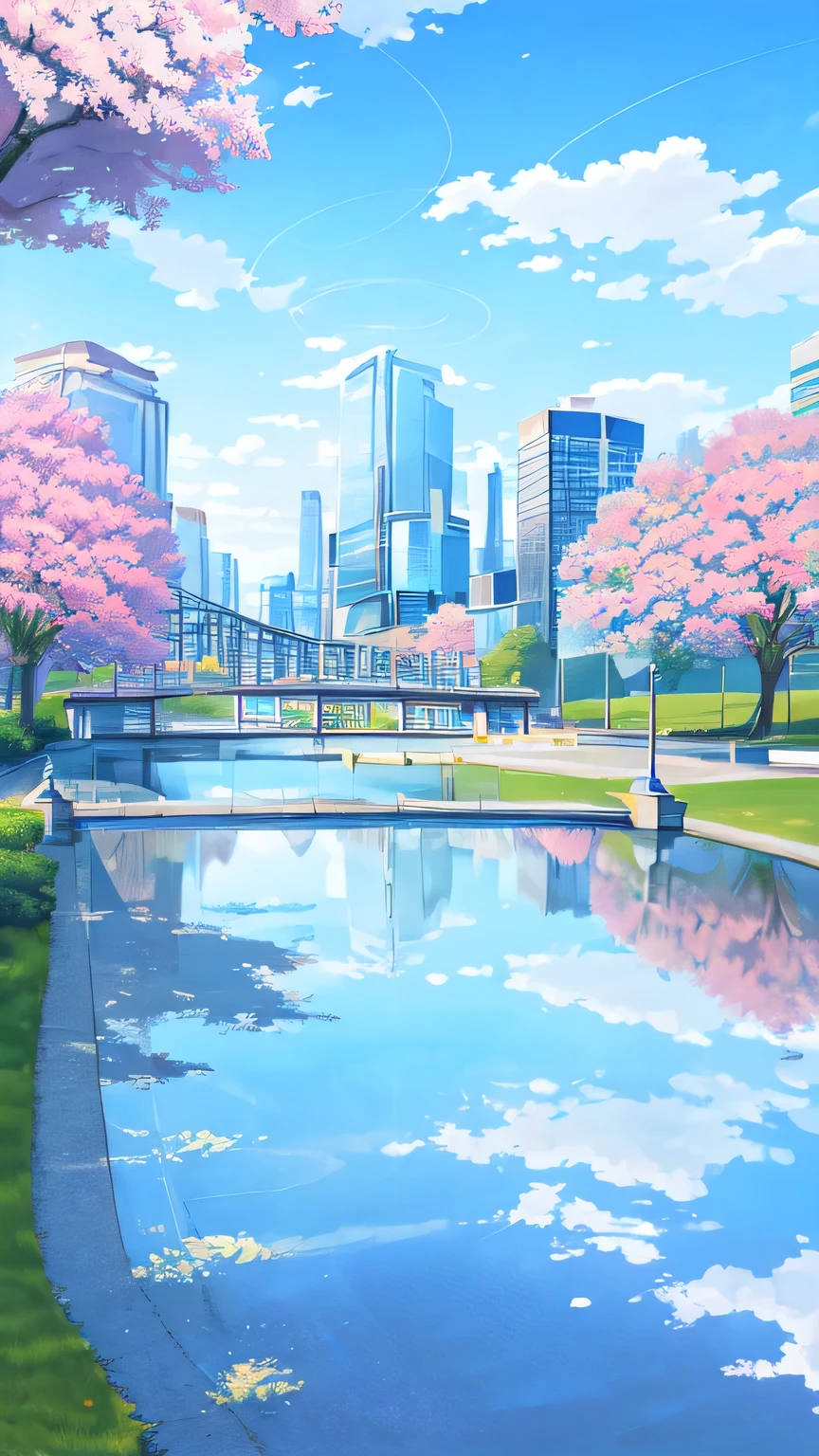 (masterpiece:1.2),best quality,Blue file background,
Campus scene，landscape, No humans, morning, Sky, Cityscape, reflection, City, architecture, Cherry tree，Skyscraper, outdoor, morningSky, City lights, Skyline, water,  Sky,  bench, reflective water, bridge, railing
