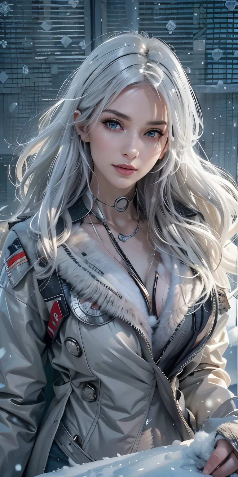 photorealistic, high resolution, soft light,1women, solo, hips up, shining skin, (detailed face),tattoo, jewelry, winter wear, coat, snow, night, white hair, wavy hair, Beautiful Soldier, Eyes That Invite Viewer, Lover's Perspective, Inviting Expression, Sexy Smile, Perfect Style, Perfect Balance, Detailed Skin, Naughty Gaze, Chest Visible